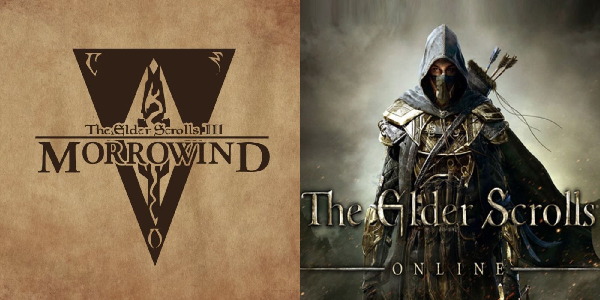 Split image of the Morrowind logo and elder scrolls online