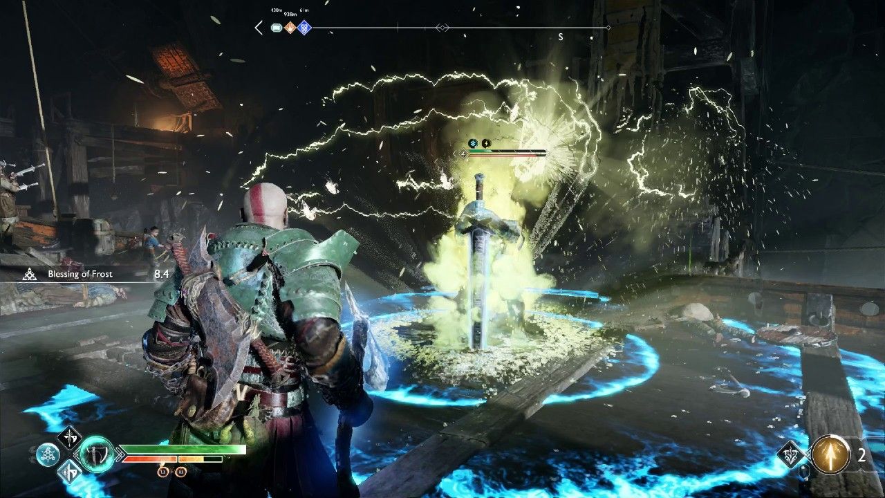 Kratos looking into a chaotic battleground