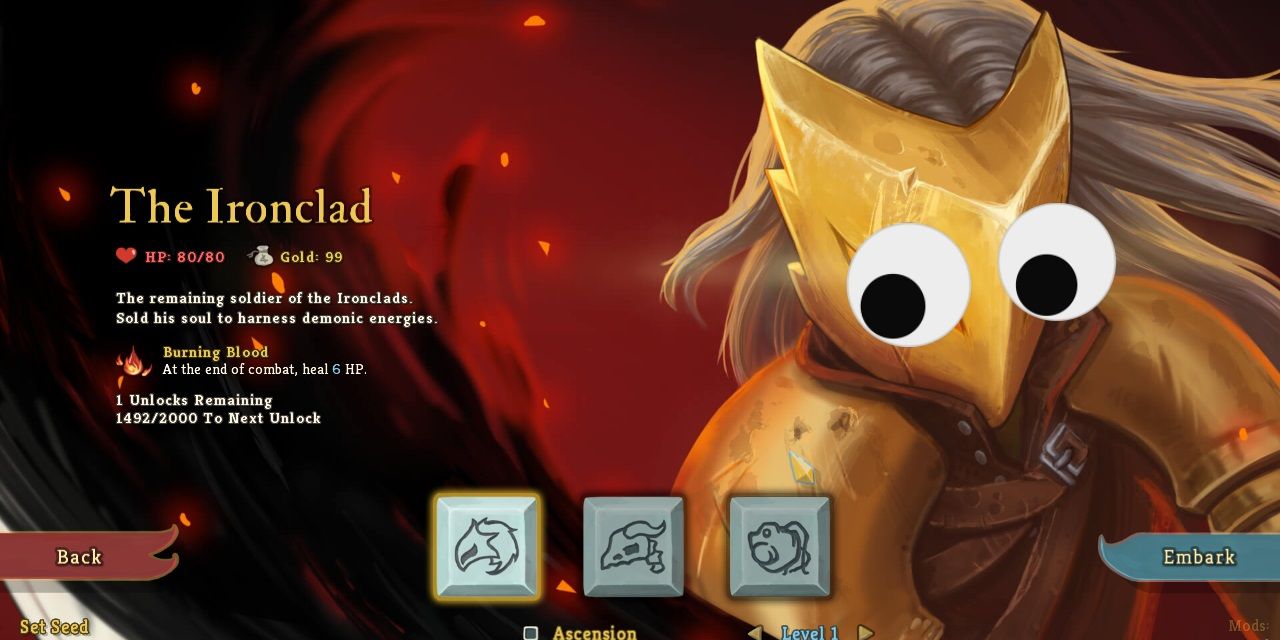 the googly eyes mod active on the ironclad from slay the spire