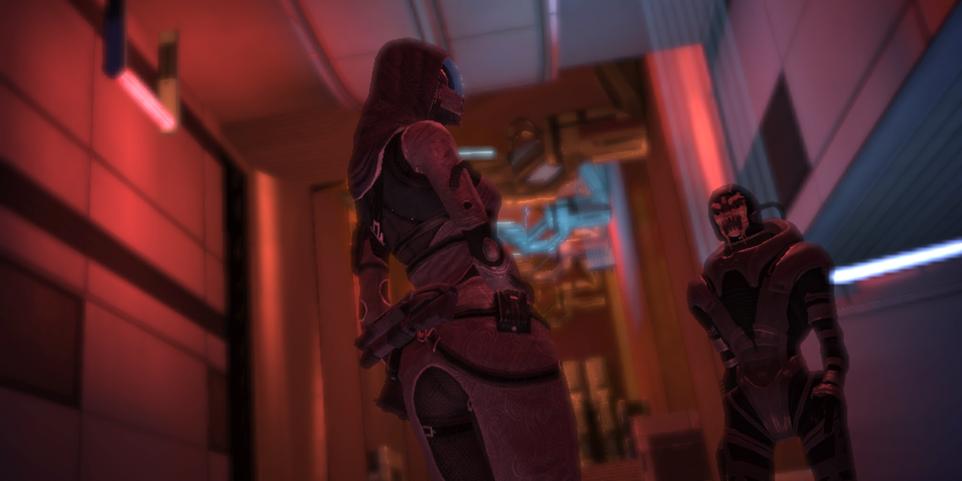 Tali meets with a turian while on her pilgrimage in ME 1