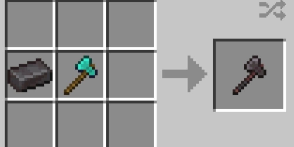 The materials needed to make a Netherite pickaxe, although a Crafting Table cannot upgrade Diamond tools