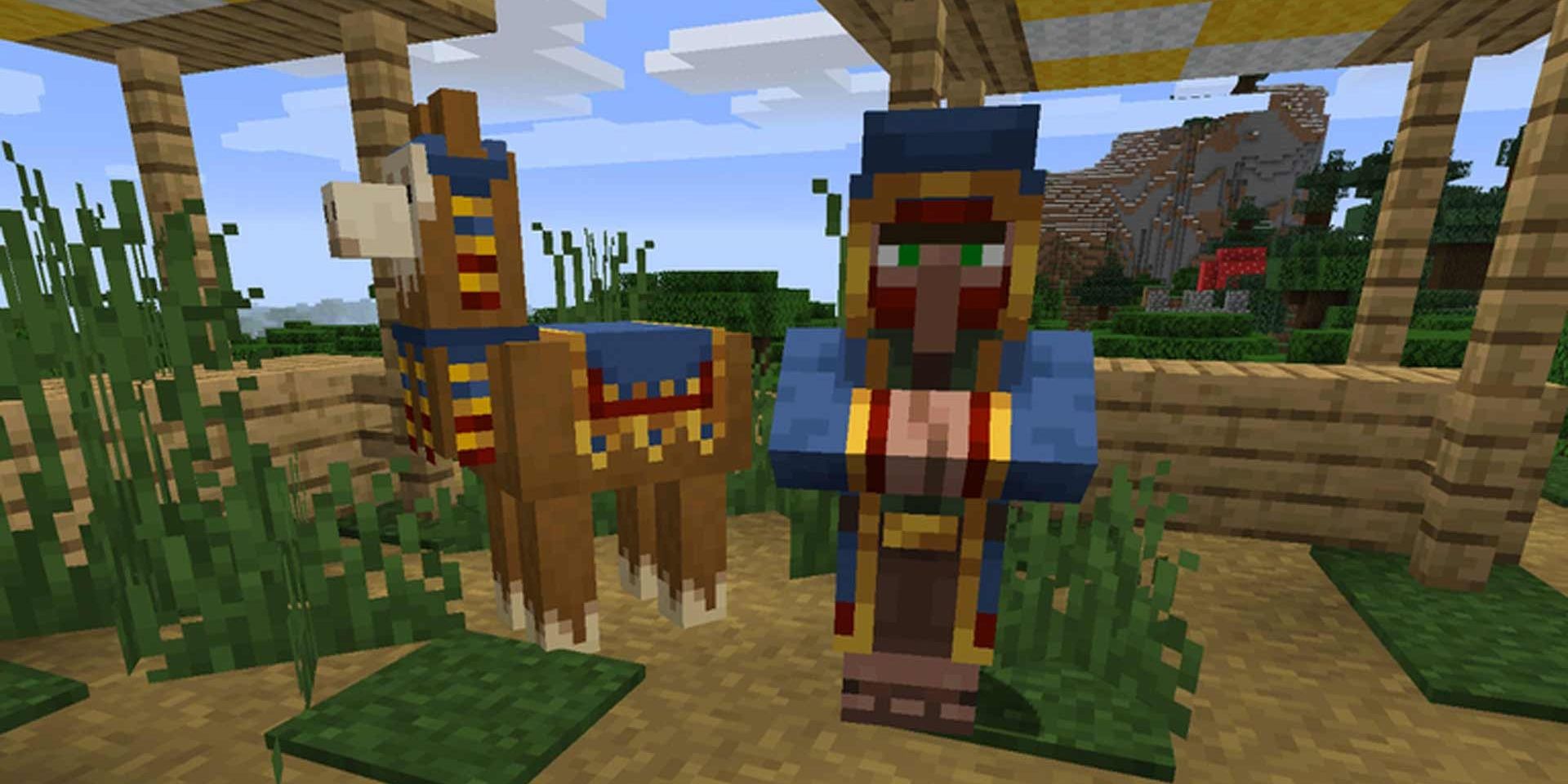 Wandering Trader and their llama in a village in Minecraft