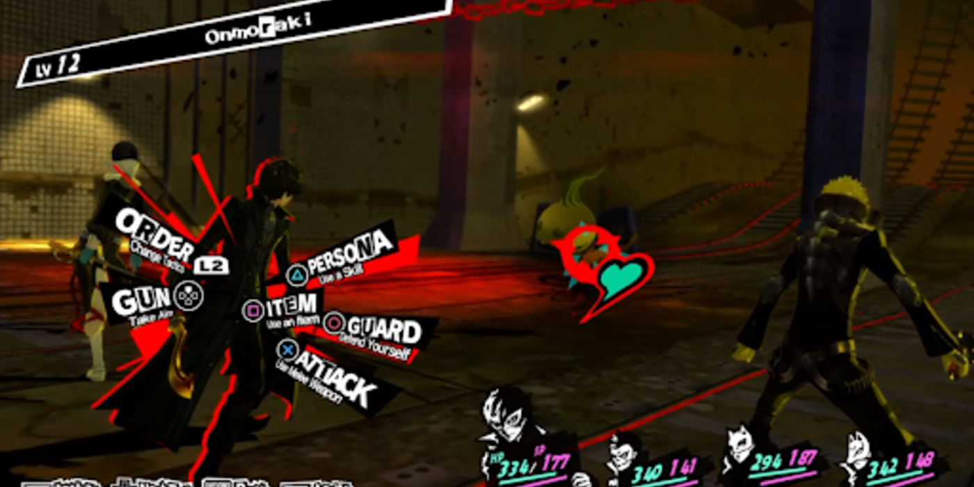 Joker engages in combat with a shadow in P5, showcasing the game's unique ui
