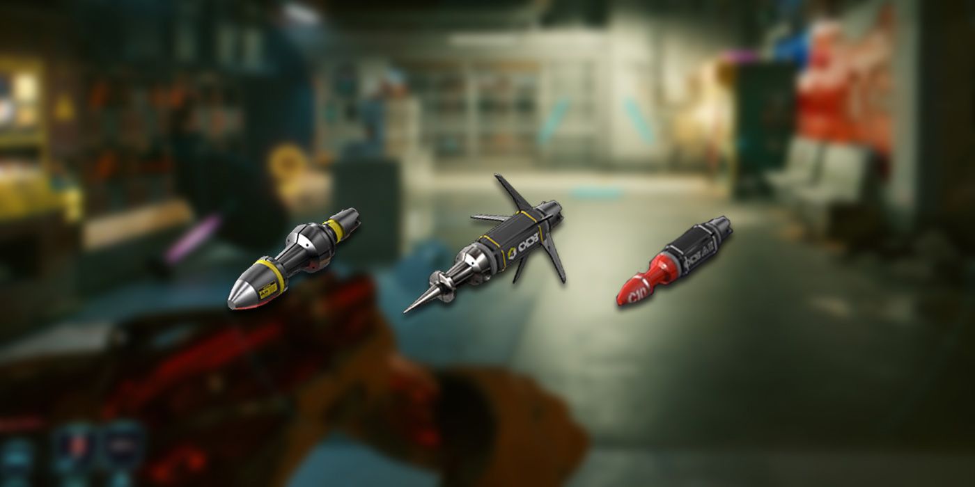 Cyberpunk 2077: An Image Of V Aiming The Projectile Launch System Overlaid With All Three Plating Icons