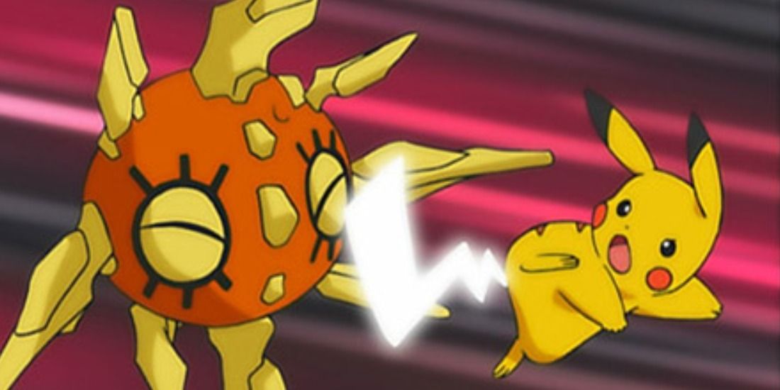 Pikachu using Iron Tail against Tate & Liza's Solrock in the Pokemon anime
