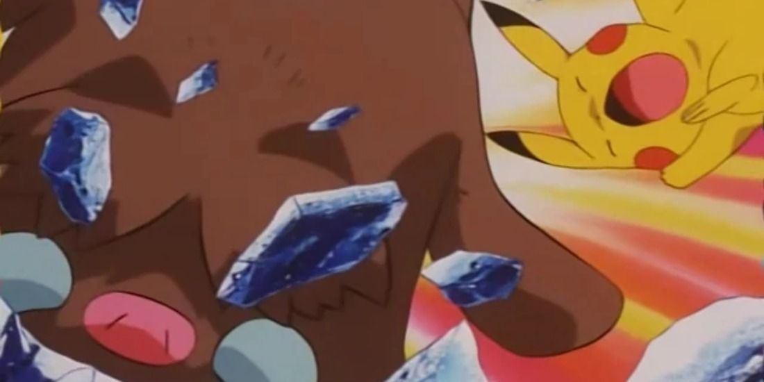 Piloswine rushing through Pikachu in the Pokemon anime