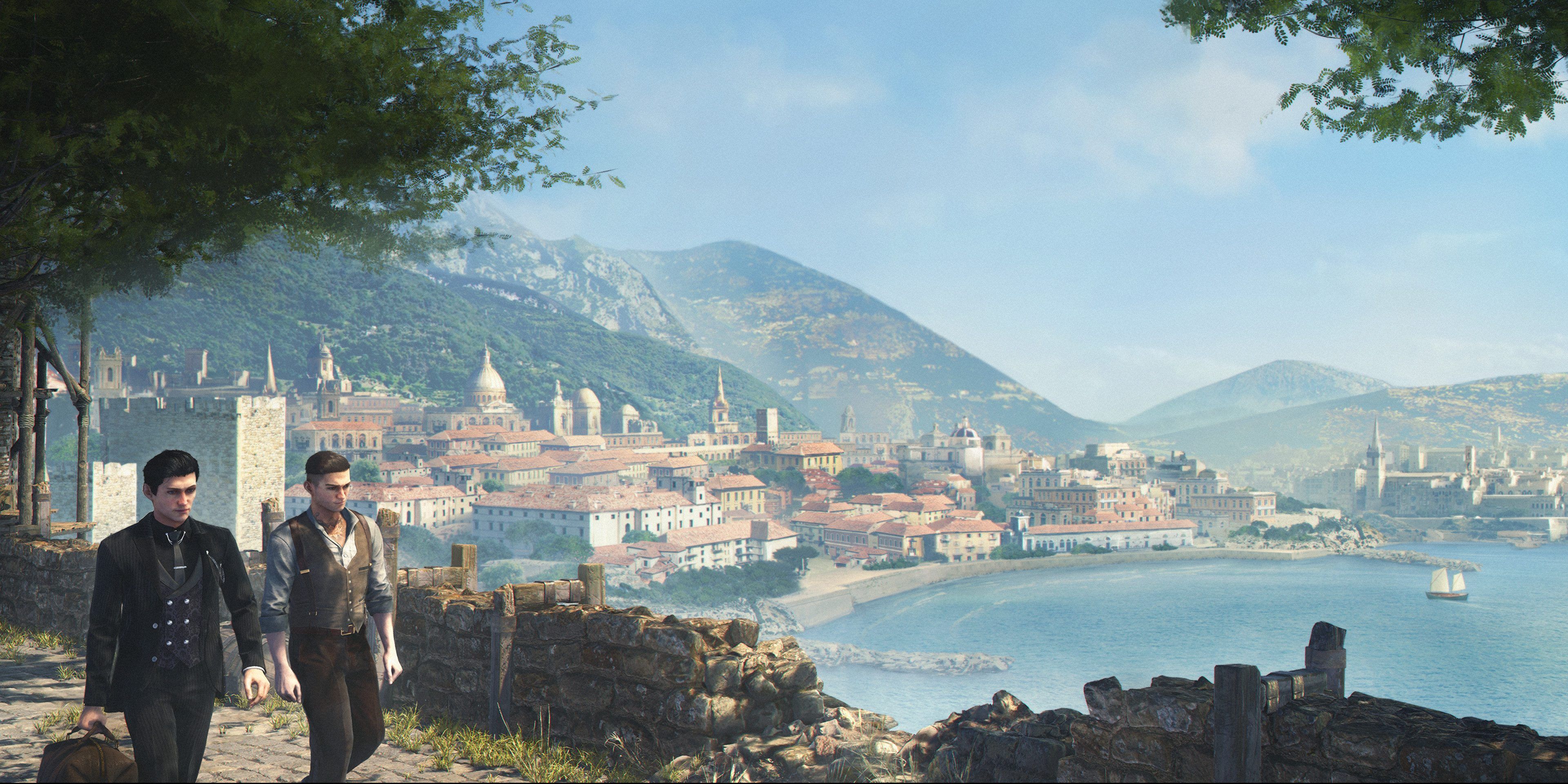 Sherlock walking by a view with Jon in Cordona