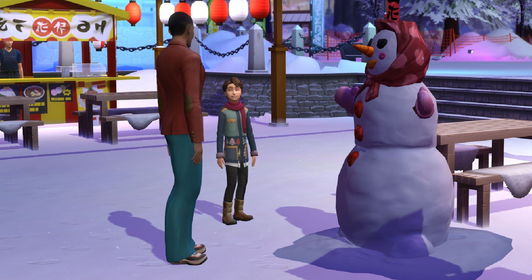sims building a snowman at the snow festival.