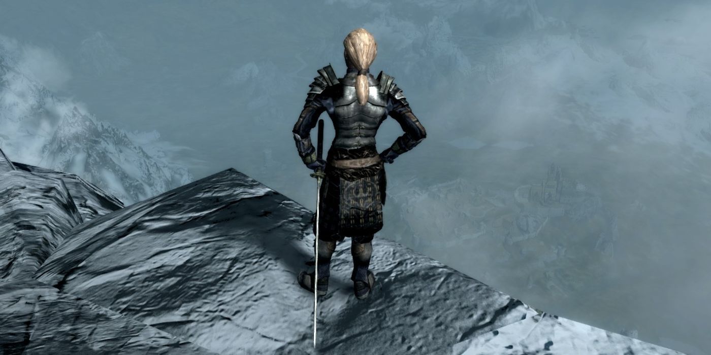 Skyrim delphine standing at the edge of a cliff
