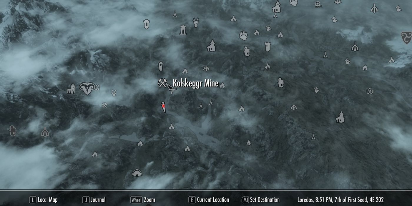 Kolskeggr Mine on the Skyrim map as well as a marker where the abandoned boat can be found