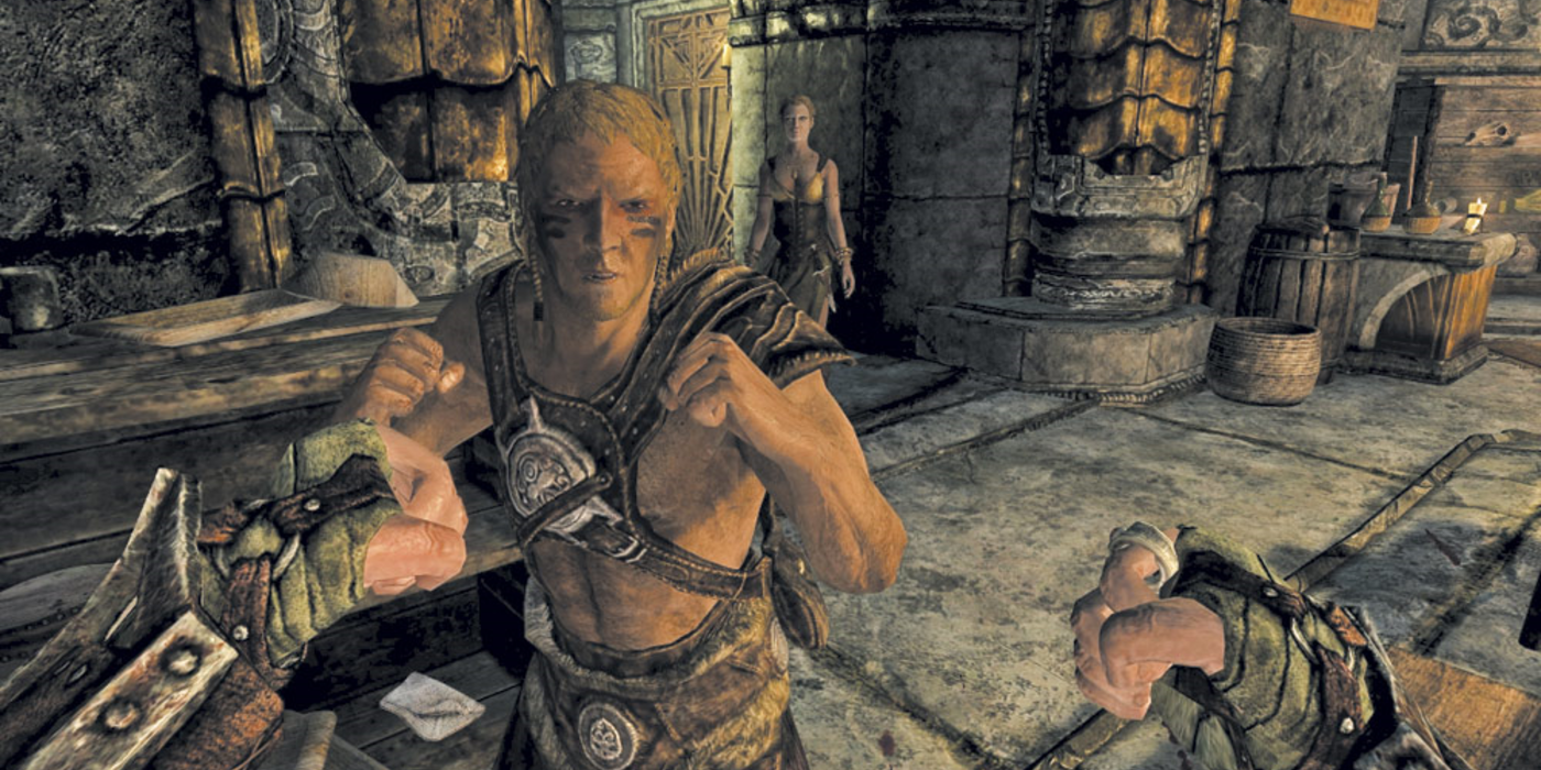 The player brawling with Cosnach in Skyrim