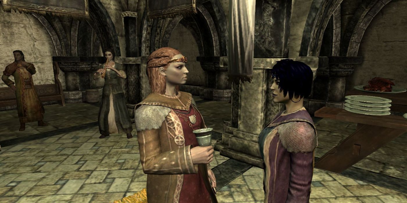 Jarl Elisif talks to a guest at the Thalmor Embassy party in Skyrim