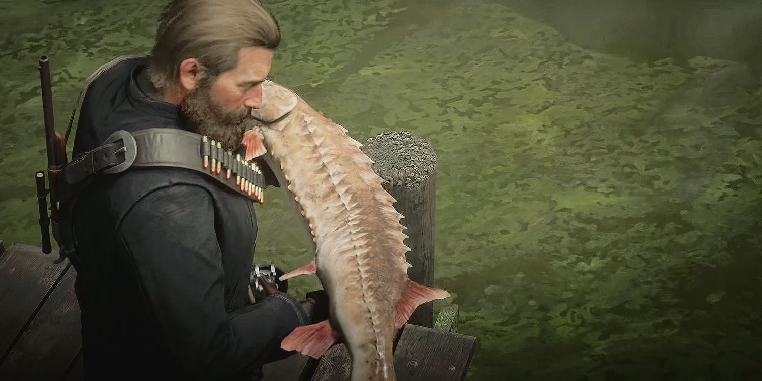 Arthur Morgan holding fish
