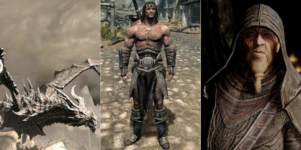 Split image of Alduin, Tsun and Arngeir from Skyrim
