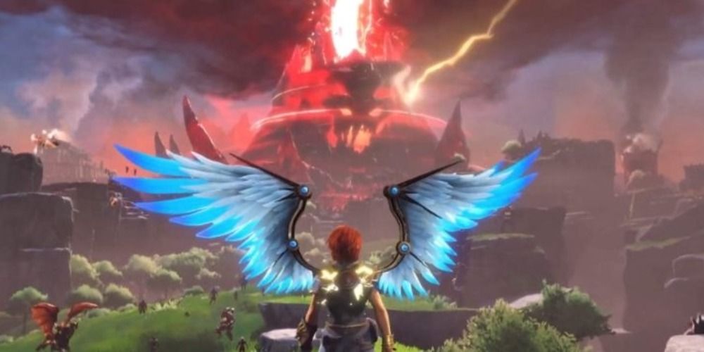 Fenyx looking out at Typhon's lair