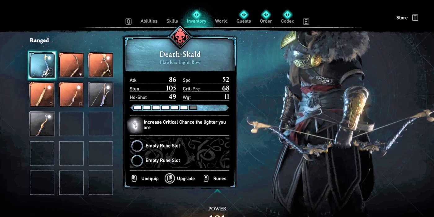 Assassin's Creed Valhalla Death Skald light bow menu stat sheet
