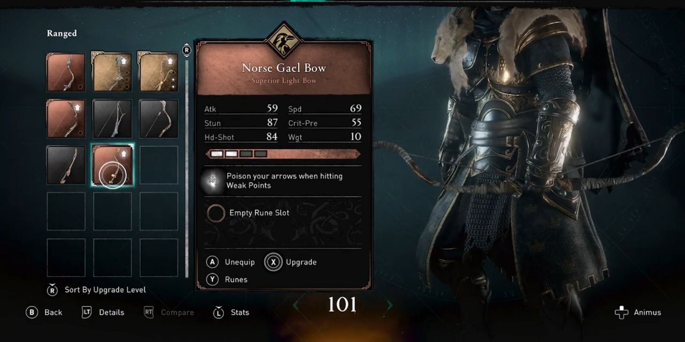 Assassin's Creed Valhalla Horse Gael Bow menu stat sheet