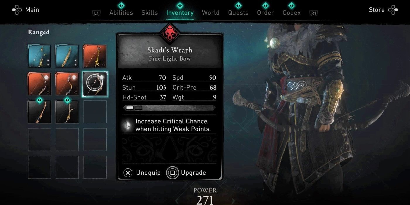 Assasin's Creed Valhalla Skadi's Wrath light bow menu stat sheet
