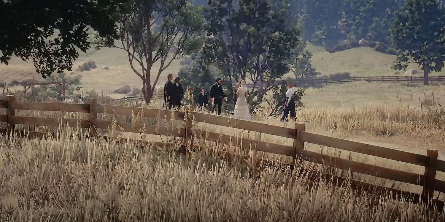 Wedding Going On In Field Beyond Gate