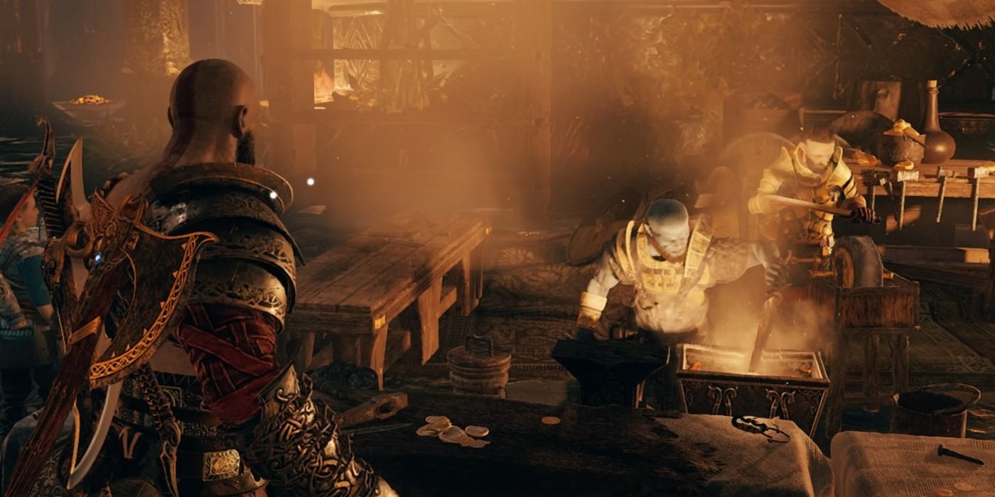 Kratos talking to brok and sindri