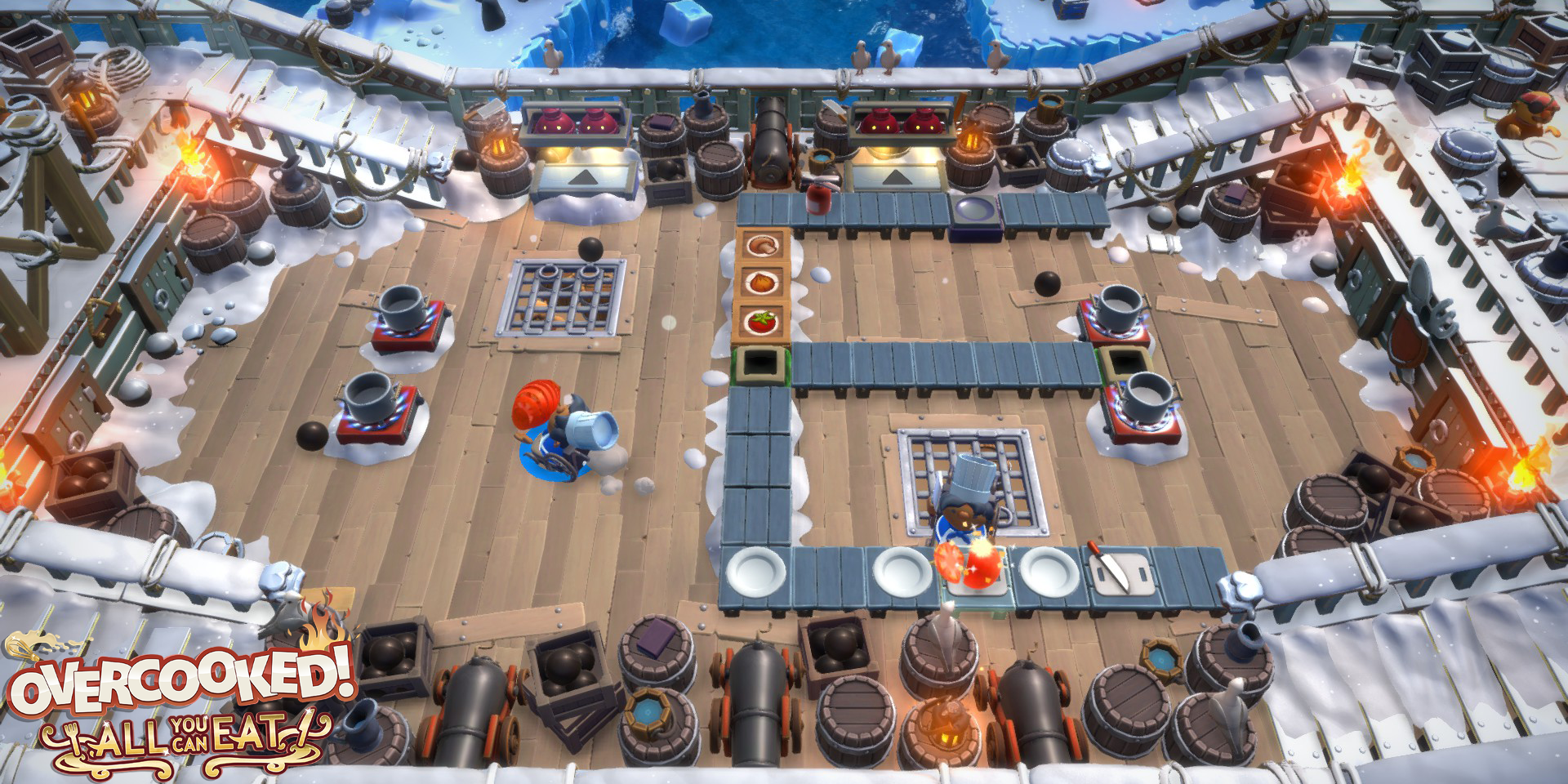 Overcooked! All You Can Eat edition pirate ship kitchen with snow.