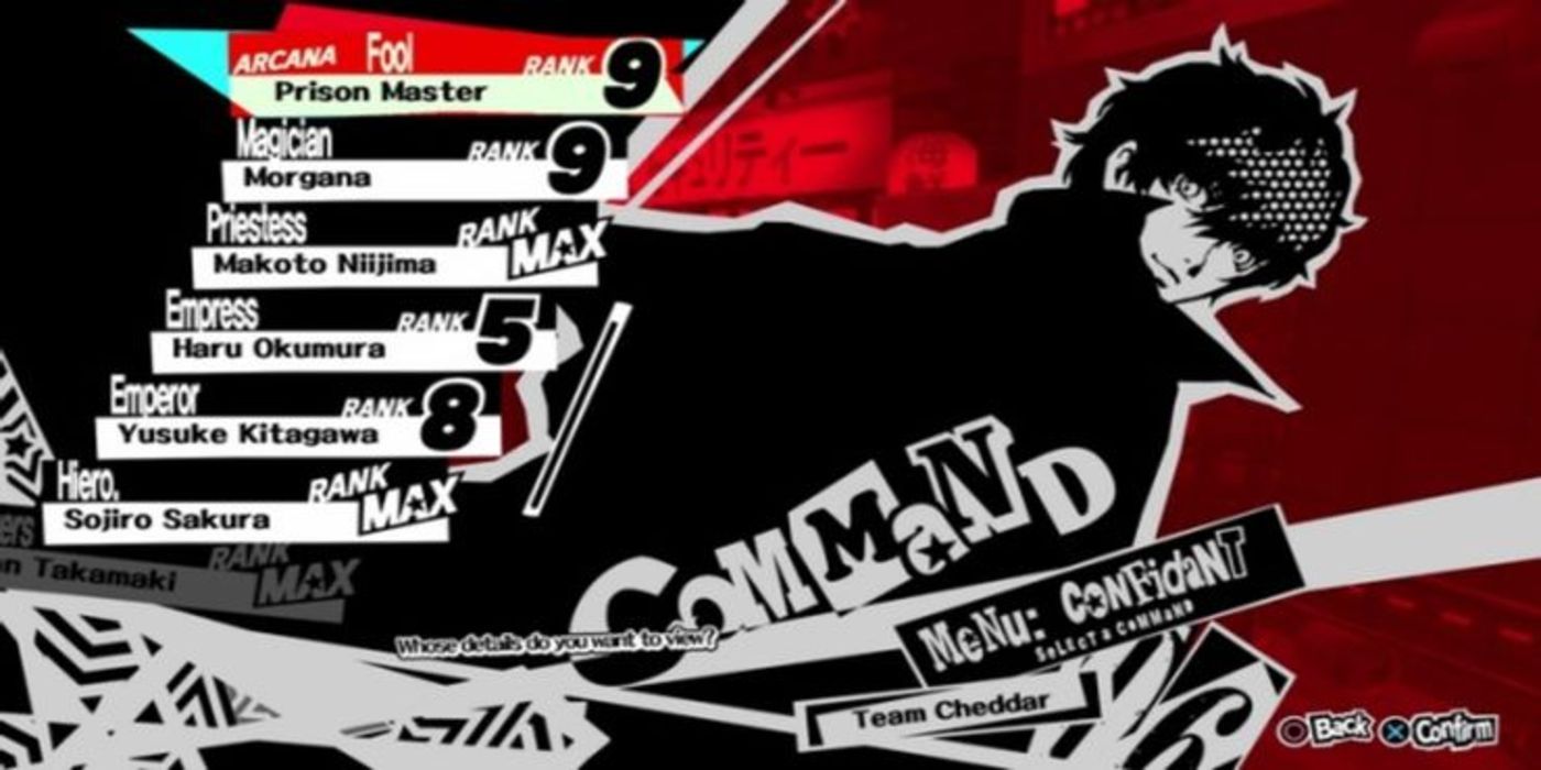 The confidant menu in Persona 5