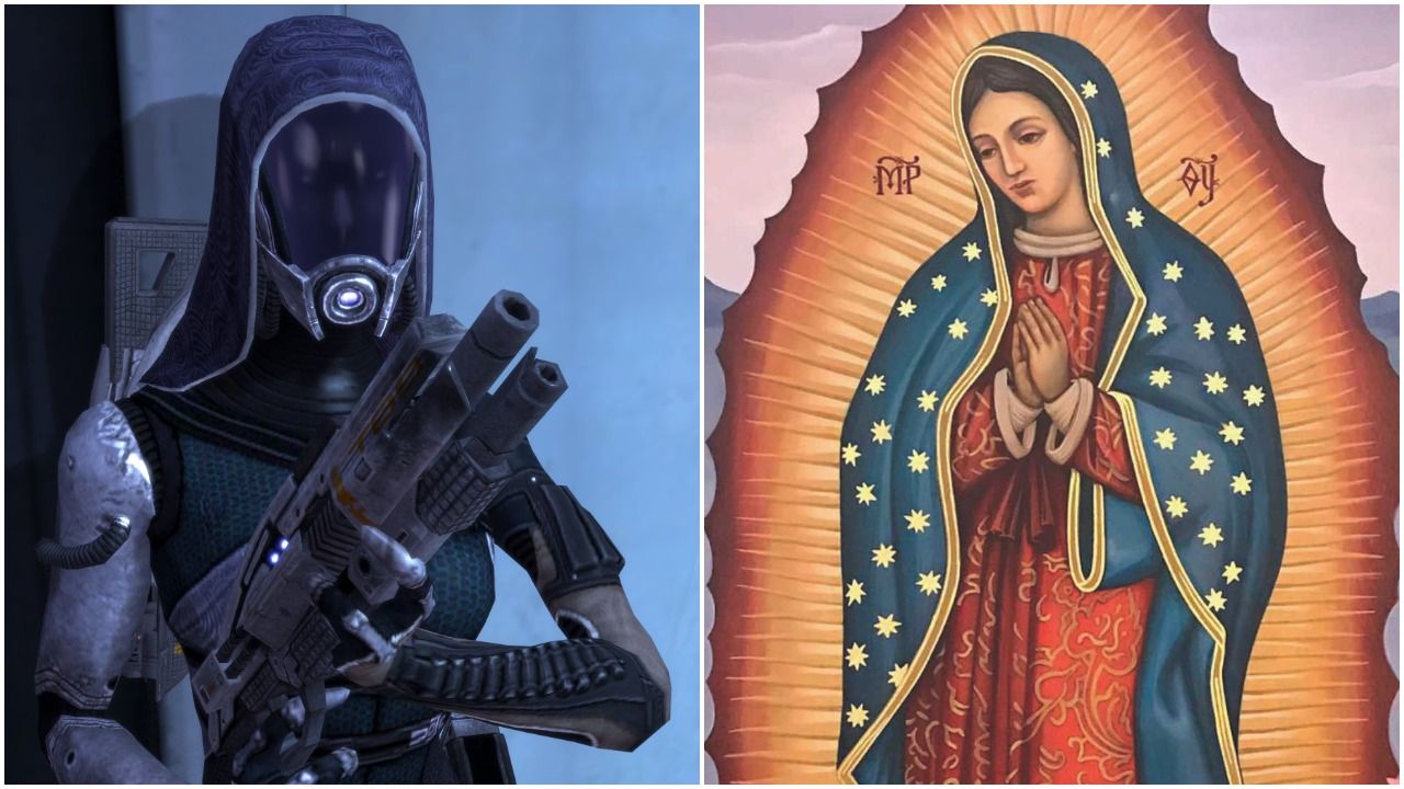 Tali in ME1 (left) and a painting of the Virgin Mary, (photo / The Catholic Sun)