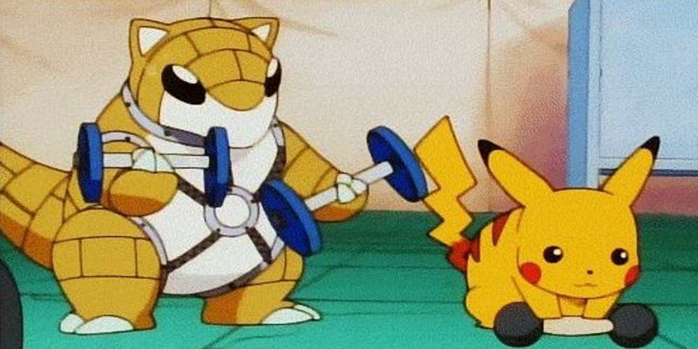 pokemon anime sandshrew pikachu exercise