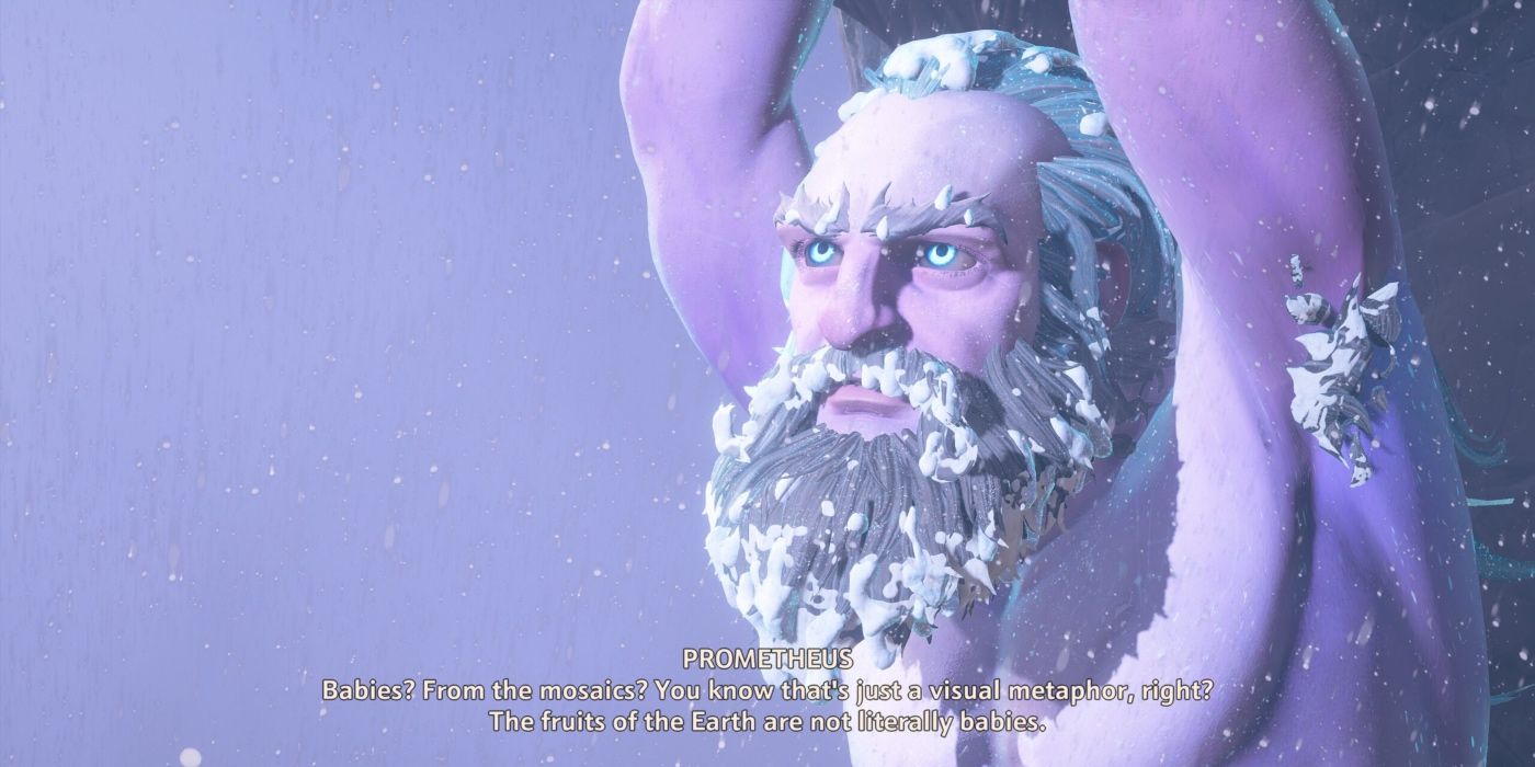 Prometheus chained in the snow talking to Zeus.