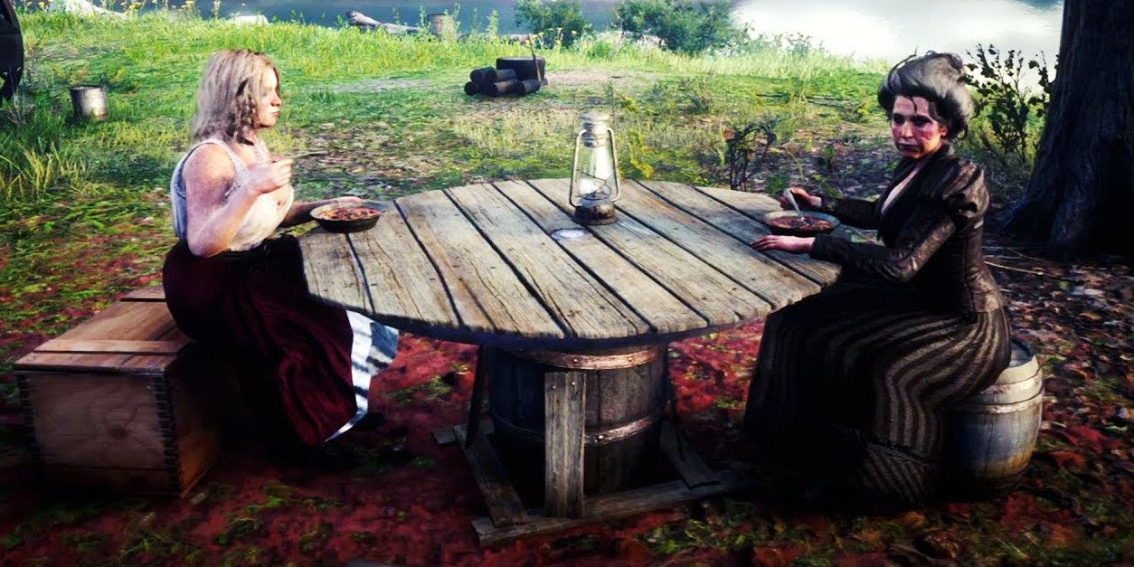 susan having a drink with mary beth at camp