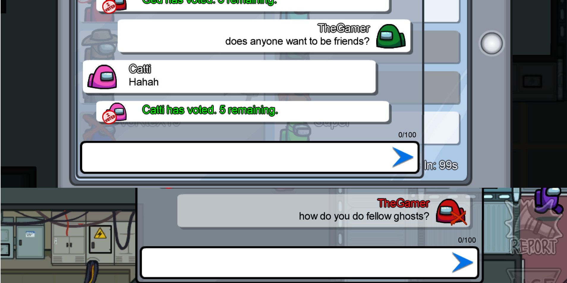 a player in among us tries to make friends by chatting to the other players