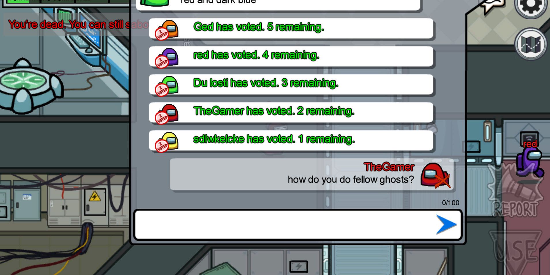 a ghost in among us trying to talk to the other ghosts