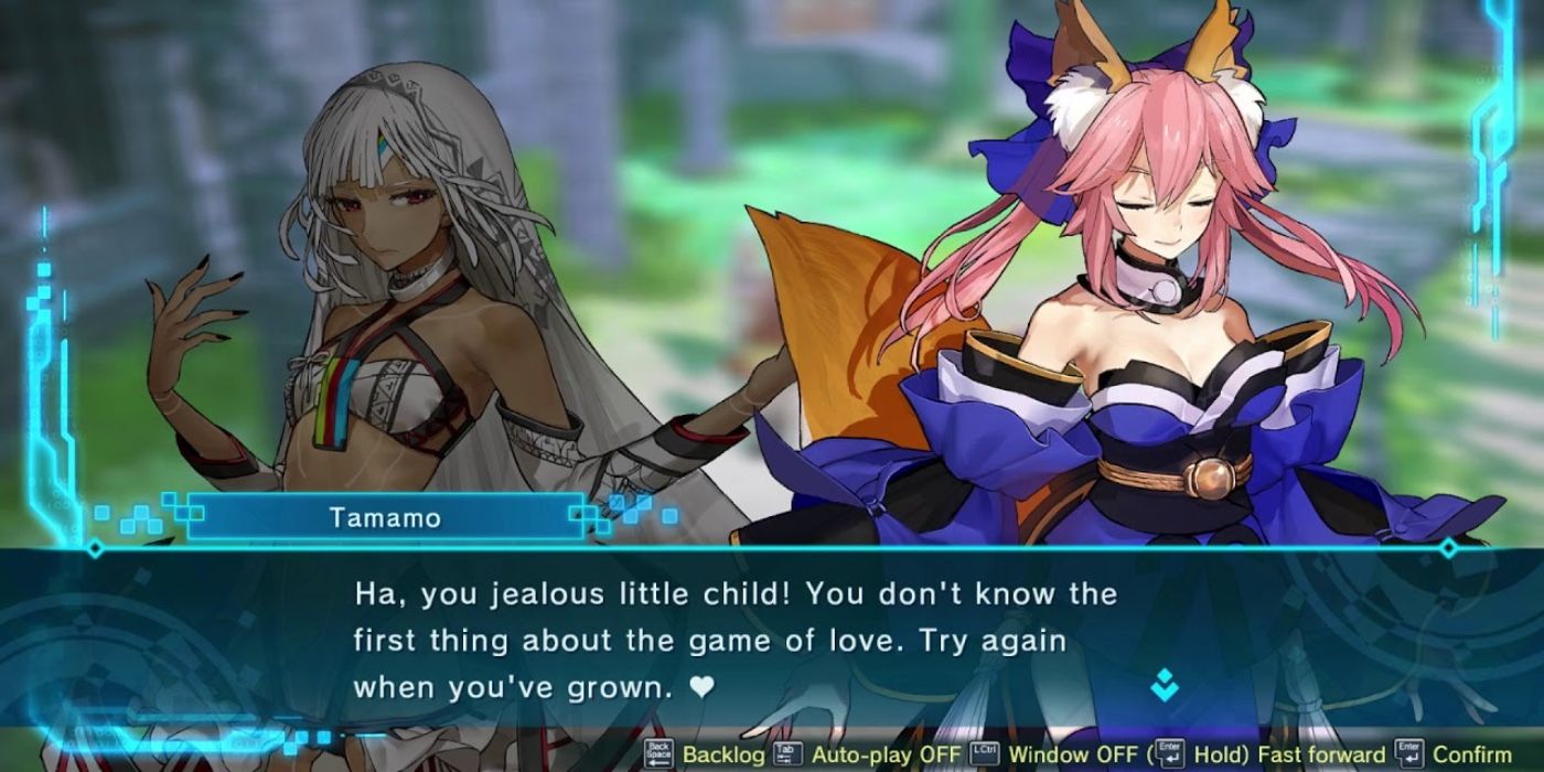 Tamamo teasing the other character Altera.