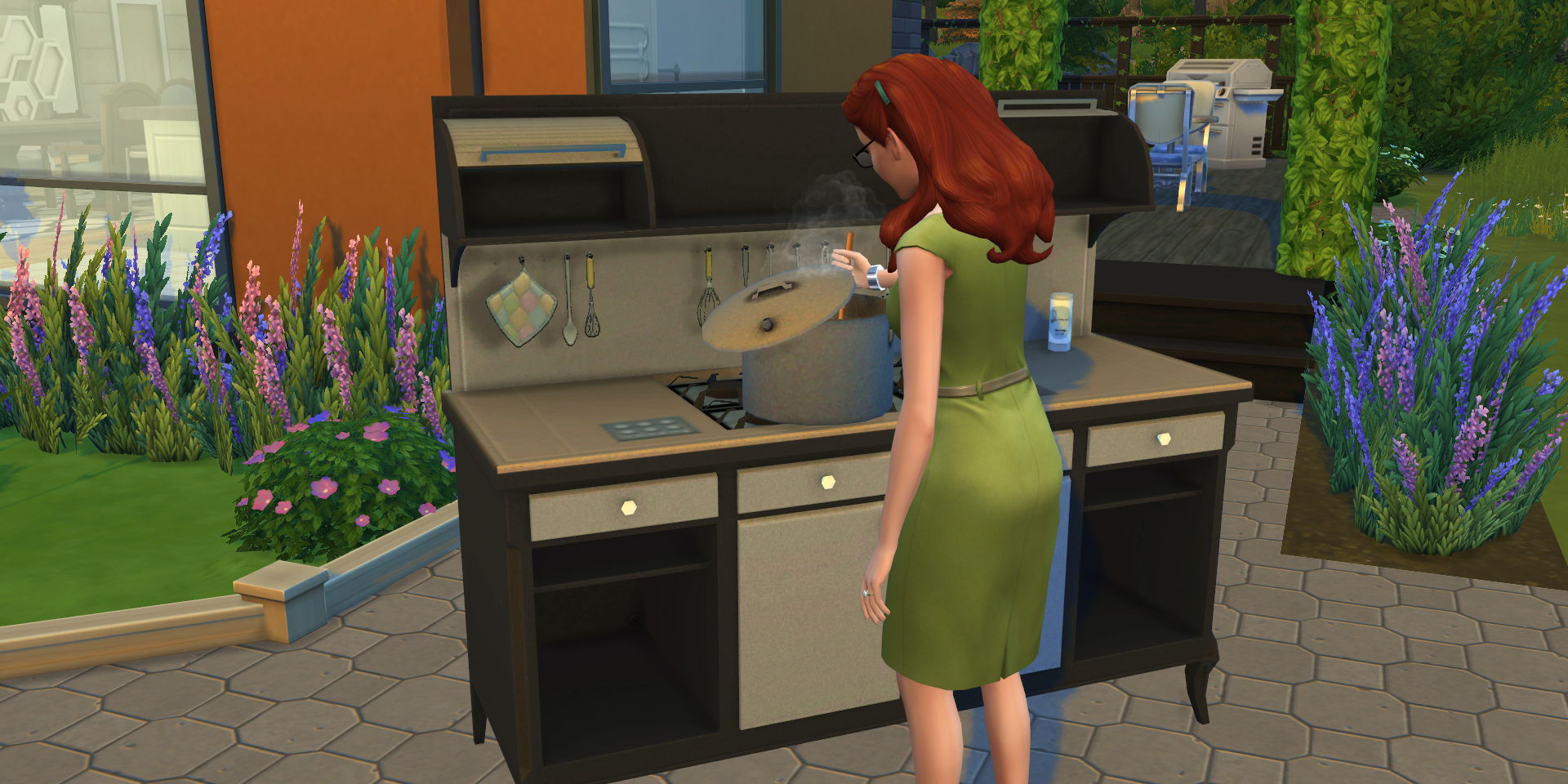 A female Sim using Icemunmun's functional canning station in The Sims 4