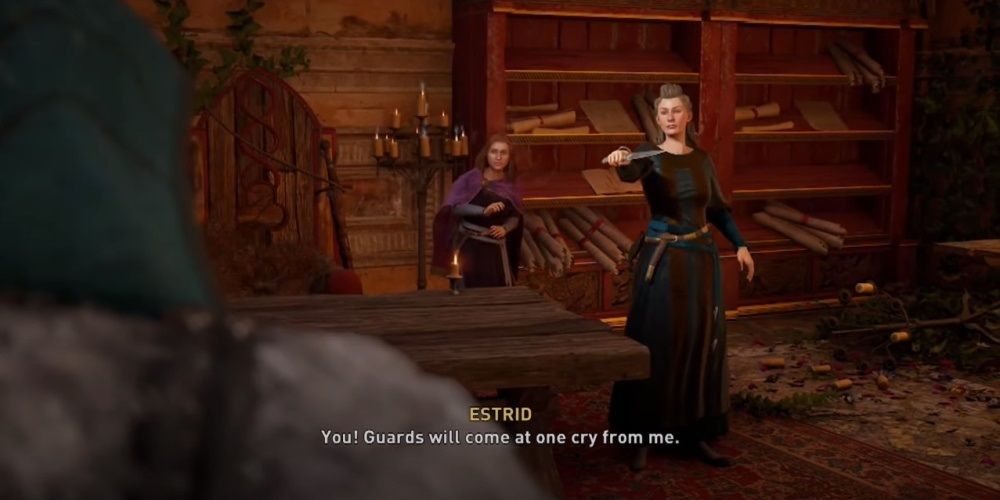 Assassin's Creed Valhalla Estrid Holding A Knife To Eivor