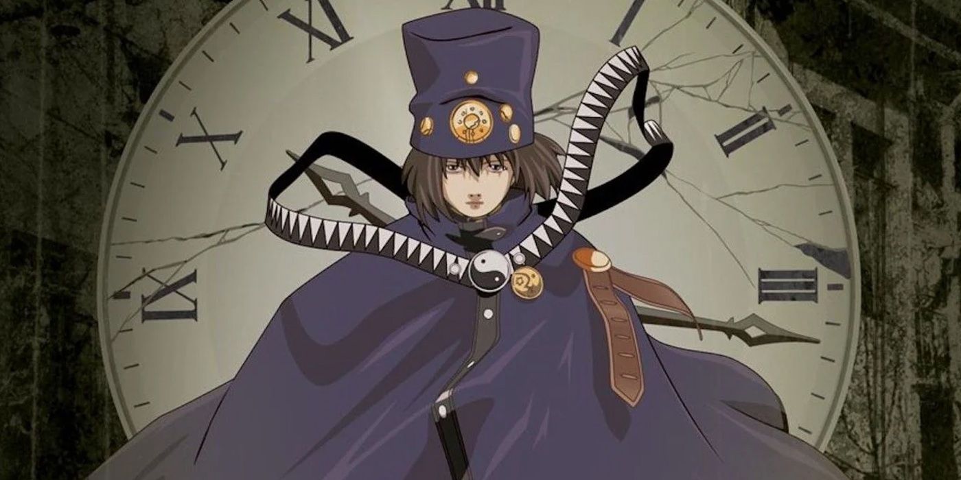 Boogiepop Phantom character staring into the camera with broken clock behind him. 