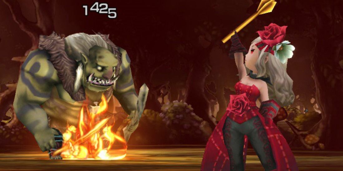Magnolia as a red mage burning an ogre in Bravely Second