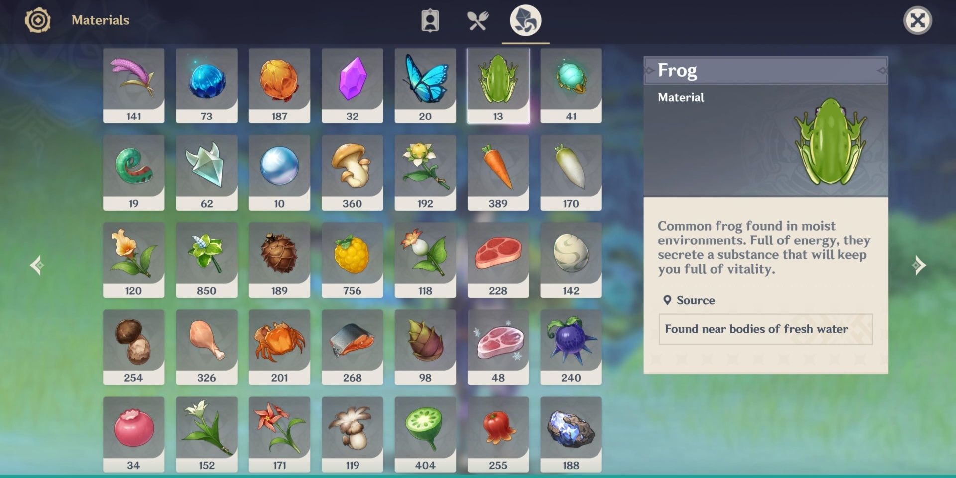 The inventory screen in Genshin Impact showing various materials collected