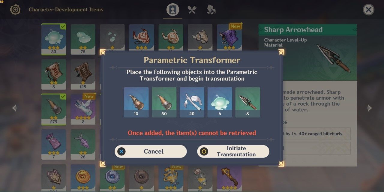 Putting items into the Parametric Transformer shown in the gadget screen in Genshin Impact