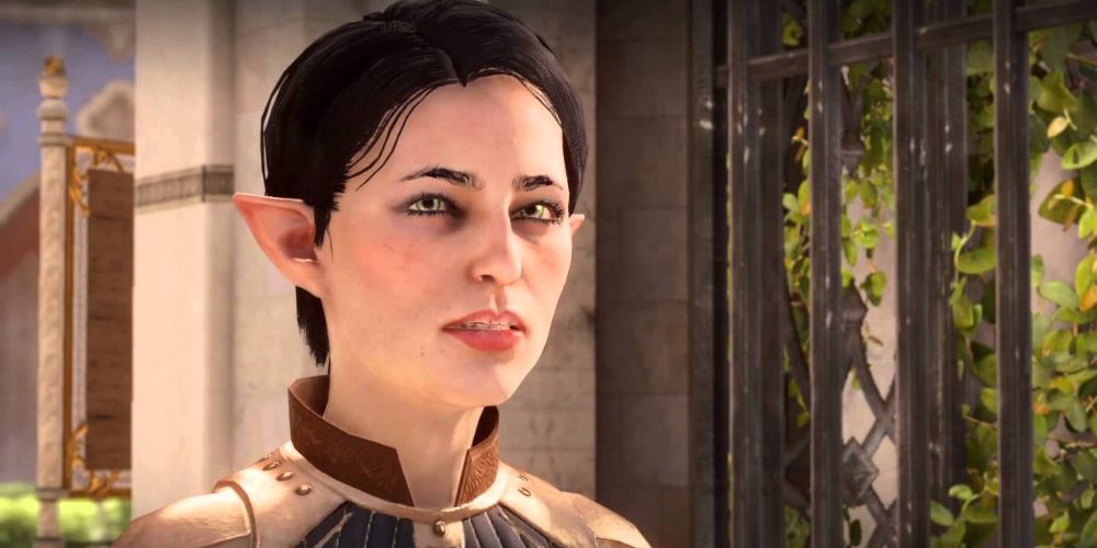 A pale, blackhaired elven woman, closeup on her face.