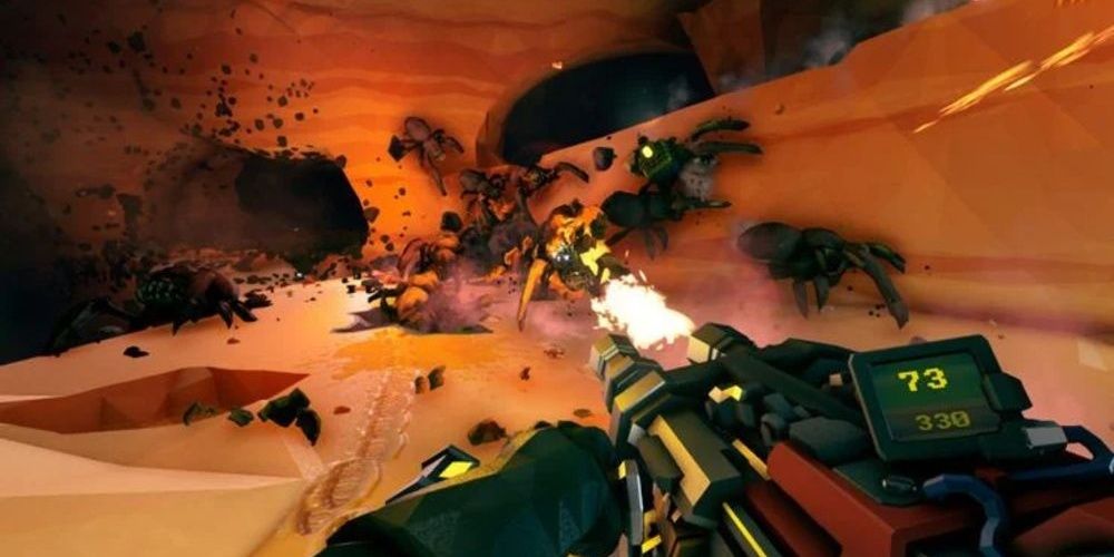 a shot in deep rock galactic of a player blasting through a horde of enemies