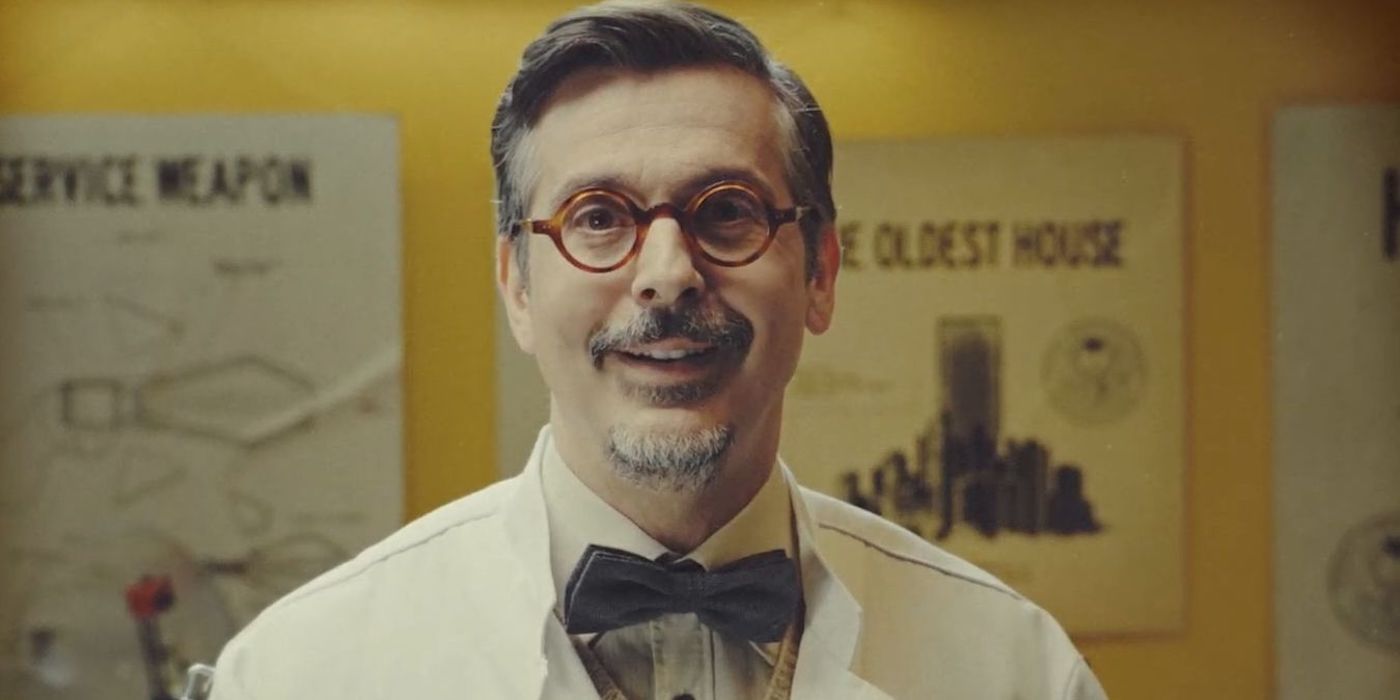 Close-up of Dr. Darling speaking to the character in one of his infomercial-like recordings.