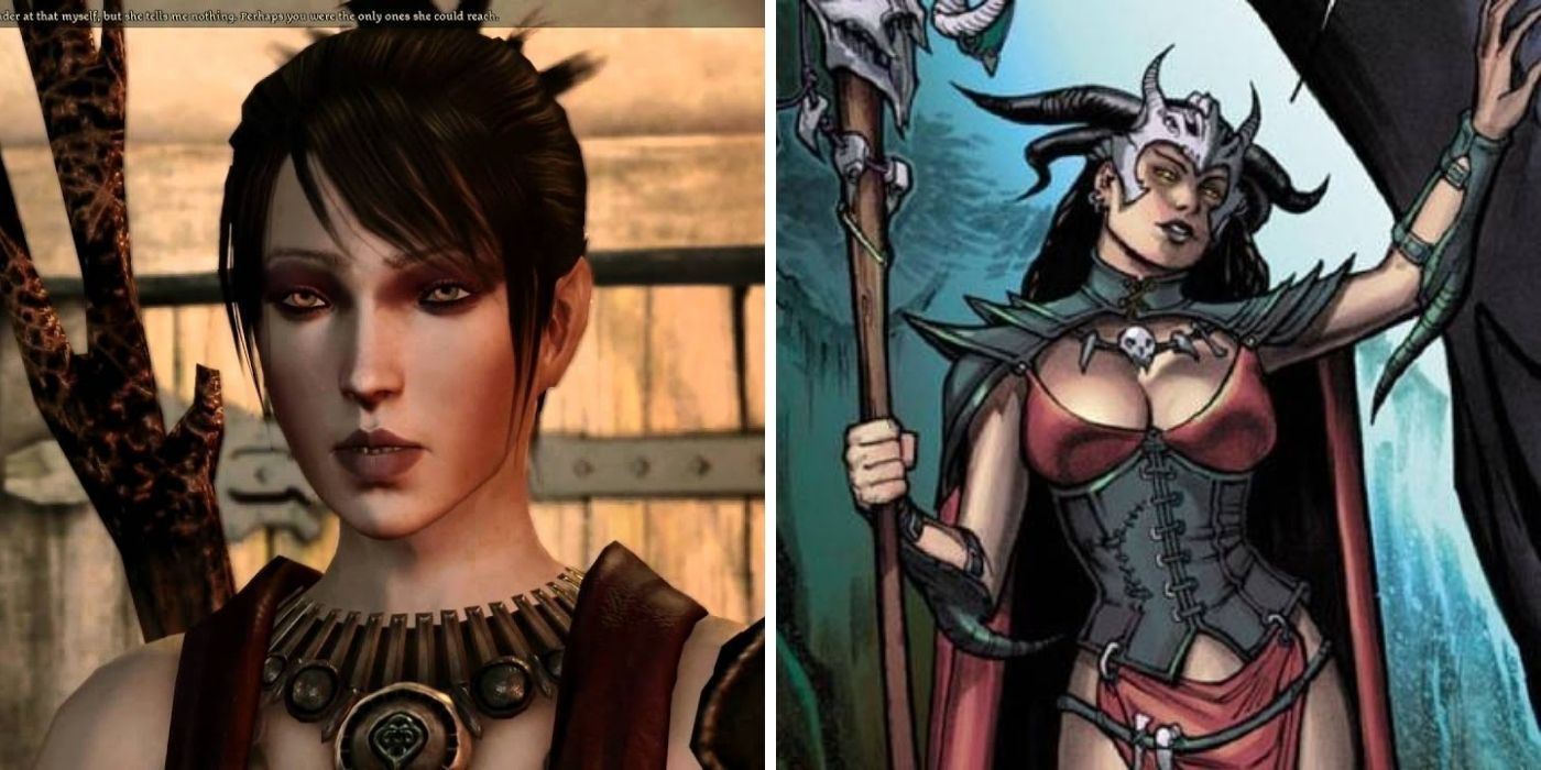 A split image of two women in witch clothes.