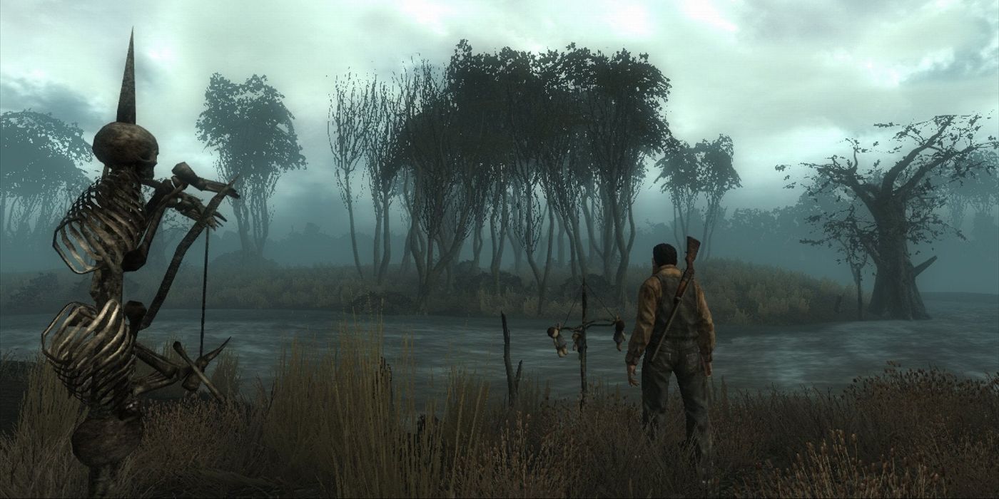 point lookout swamp with impaled skeleton and shotgun wielding character