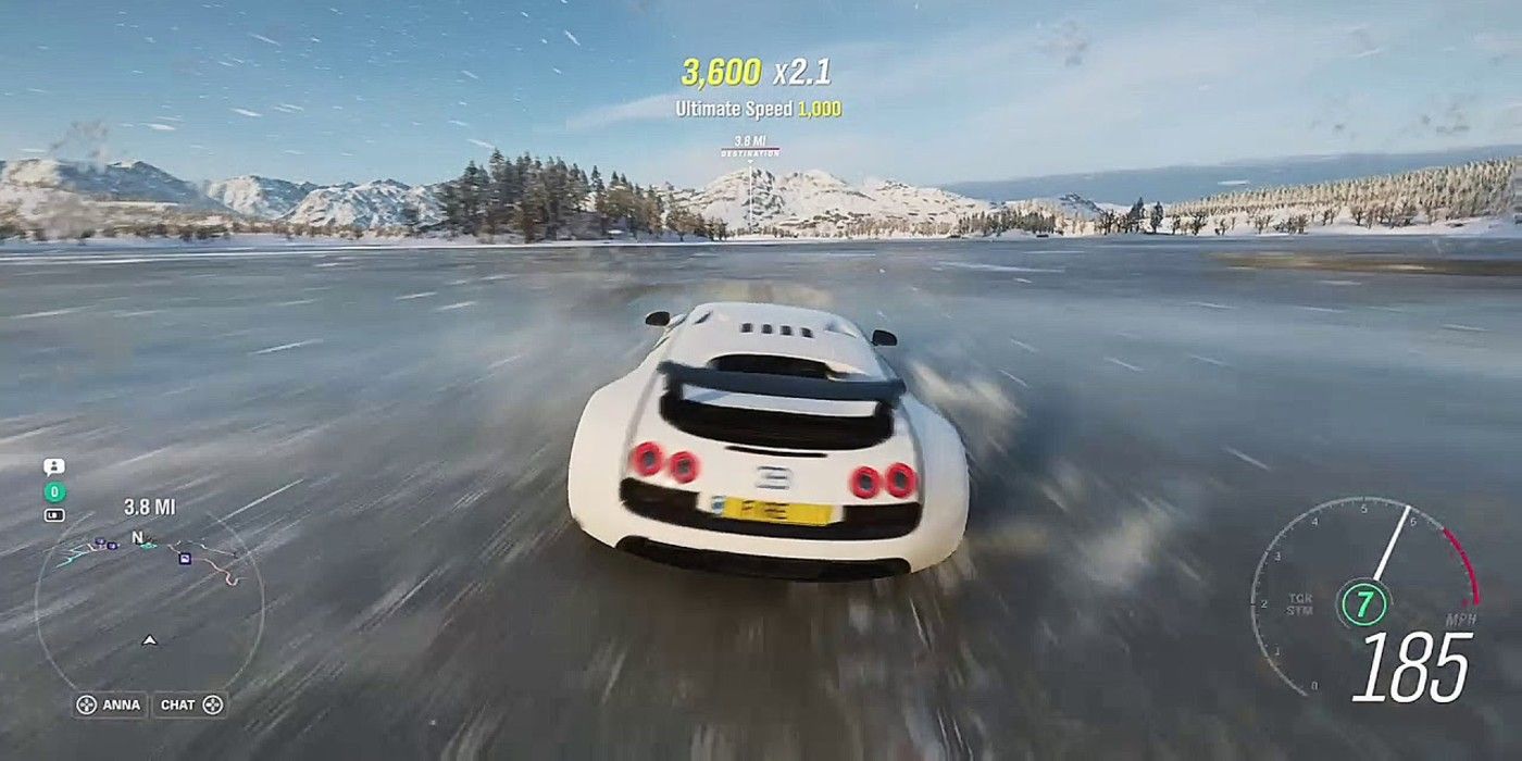 Forza Horizon 4 driving across frozen lake