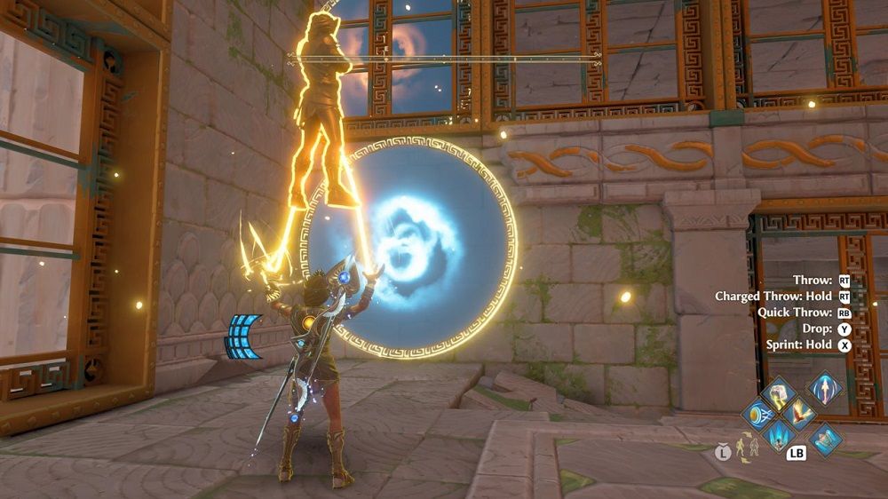Immortals Fenyx Rising A New God Fenyx throwing a clone through a portal