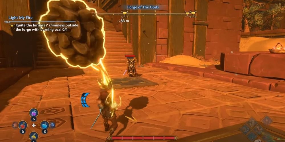 Fenyx battling a Spartoi Warrior in Immortals Fenyx Rising