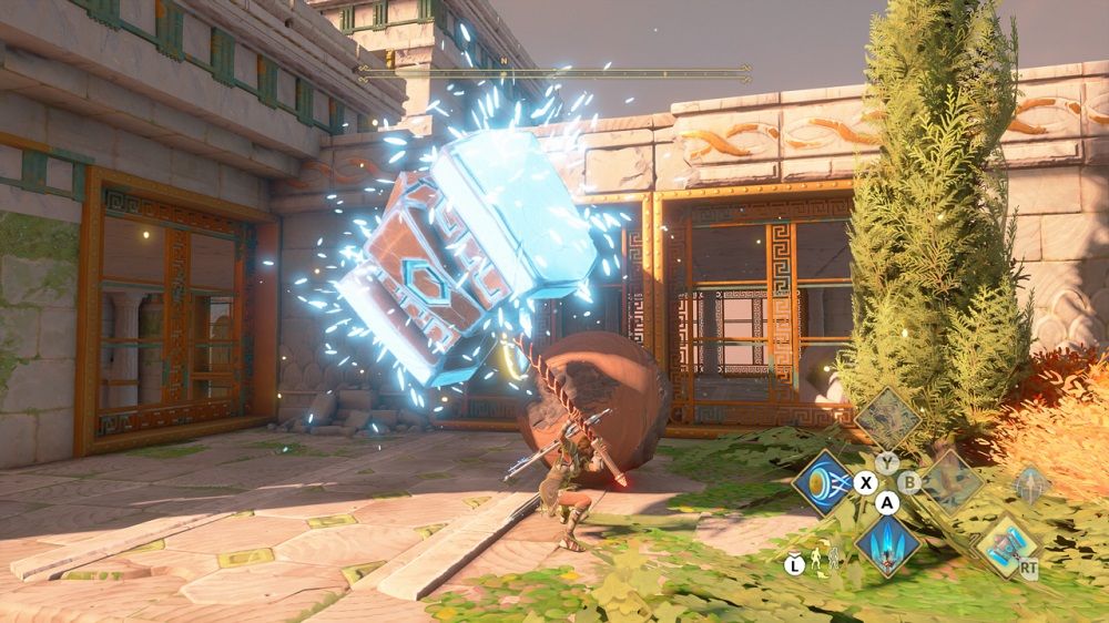 Immortals Fenyx Rising hitting ball with hammer