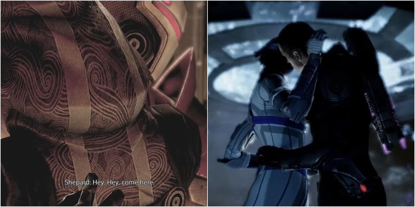 Mass Effect Featured Image Shepard Hugging Tali and Kissing Liara