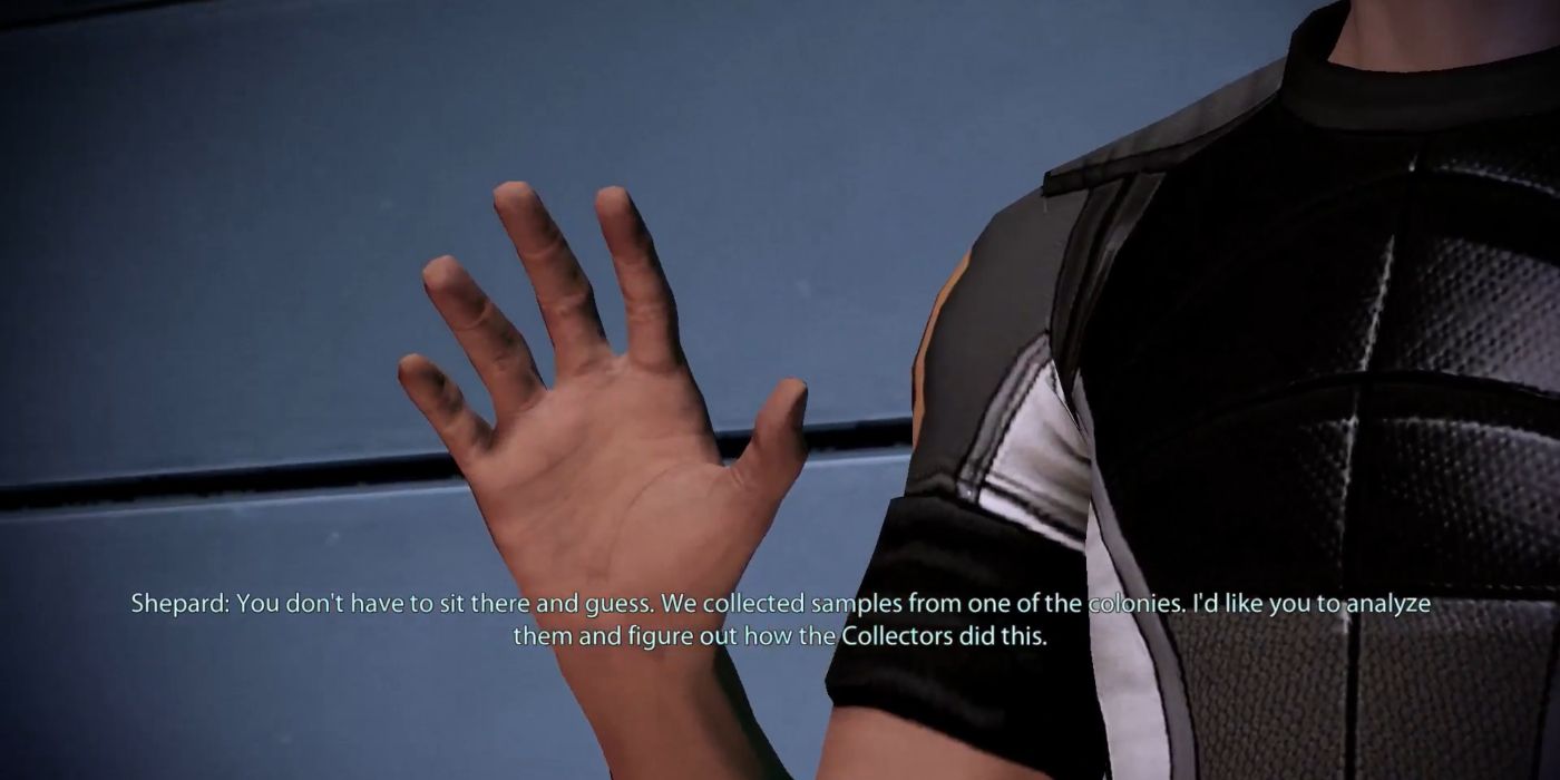 Mass Effect 2 Screenshot Shepard Stopping Mordin With Hand